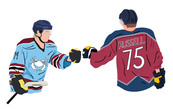 An illustration of two hockey players fistbumping. The one on the left wears a light blue jersey with the number 14 and a crab logo on the front; the player on the right wears a maroon jersey with the name RUSSELL and number 75 on the back.