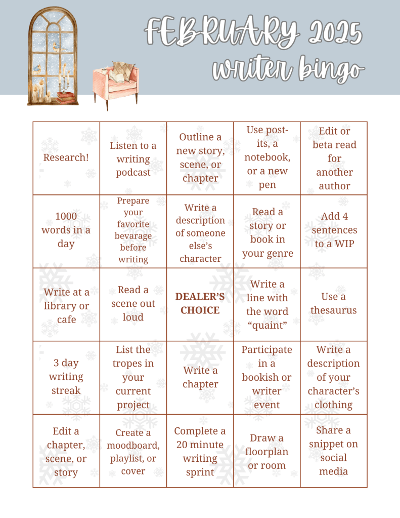 Writer bingo board for February 2025 with 25 bingo squares