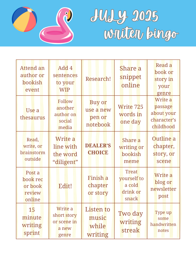 Writer bingo board for July 2025 with 25 bingo squares