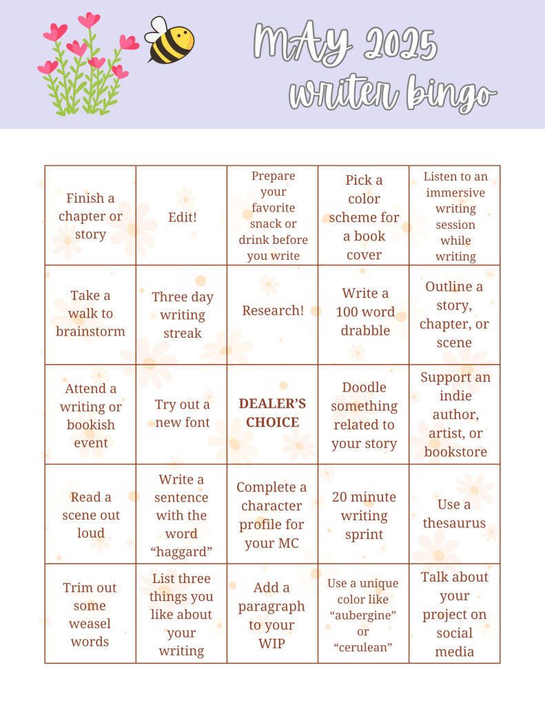 Writer bingo board for May 2025 with 25 bingo squares